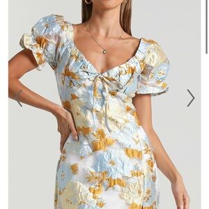 Hello Molly Reverse Blue and Yellow Tie Front Puff Sleeve Mini Dress - Rachelle